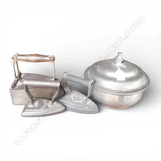 3 VINTAGE IRONS + LIDDED PEWTER CONTAINER 220mm dia