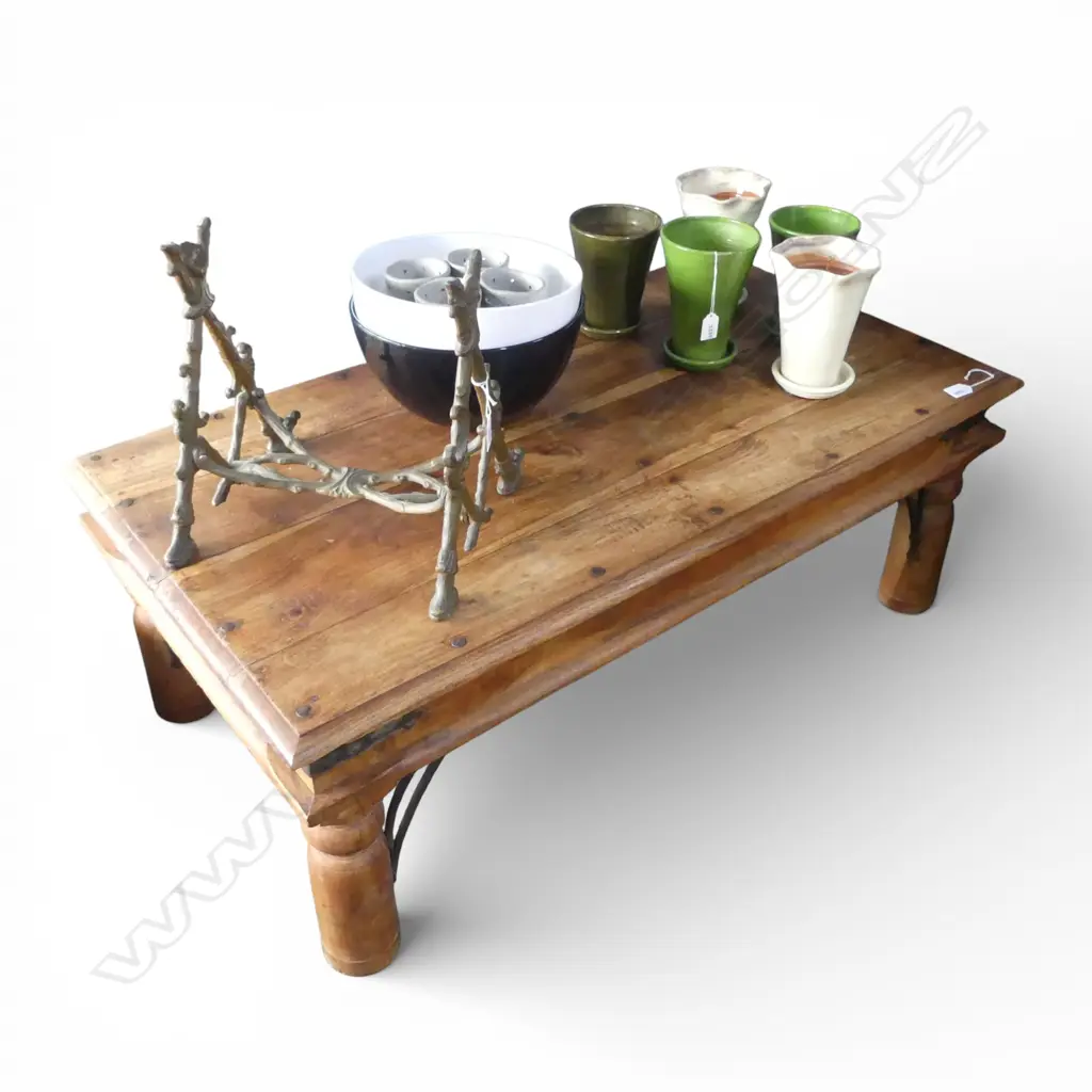 ANGLO INDIAN TEAK PLANK TOP COFFEE TABLE WITH IRON FITTINGS 1100 x 590 x  395mm Image 1++