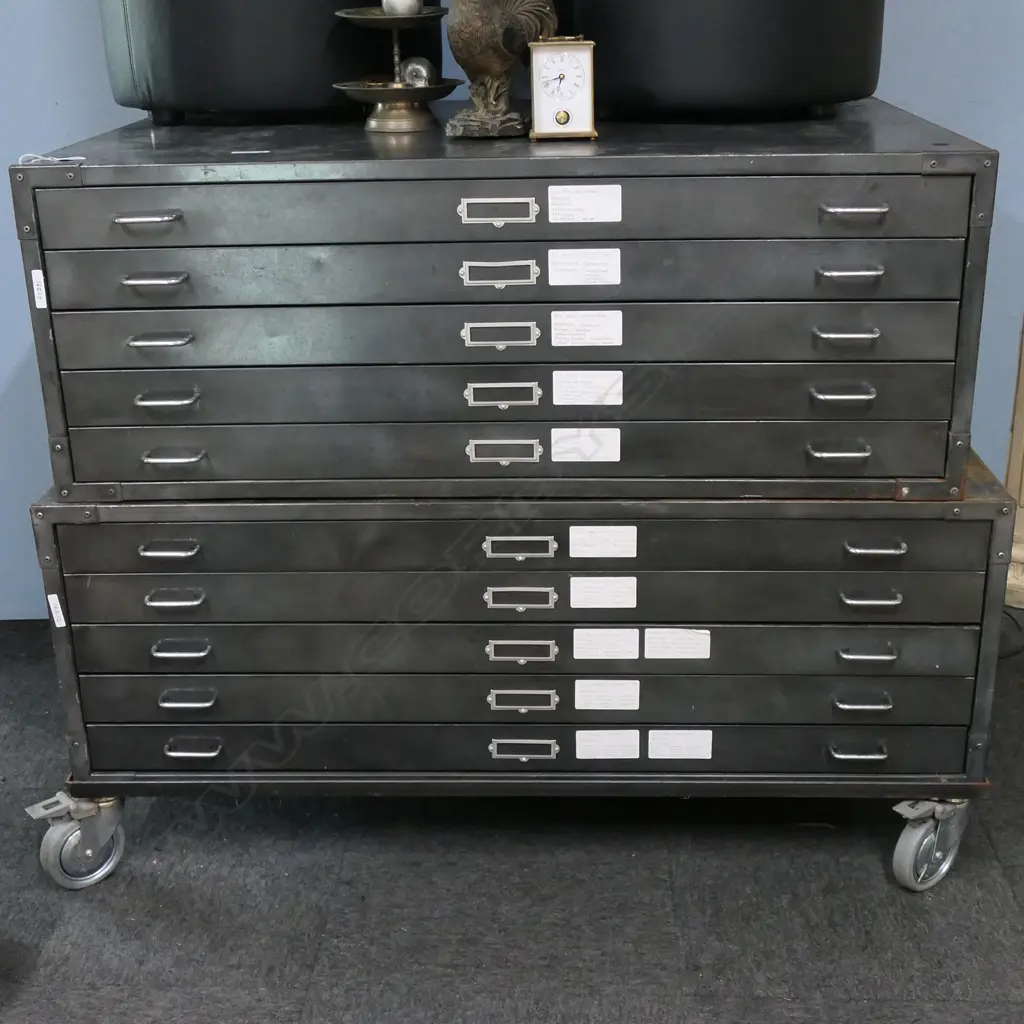 INDUSTRIAL STYLE METAL PLAN FILING CABINET; 2x 5 DRAWERS ON CASTORS... Image 1++