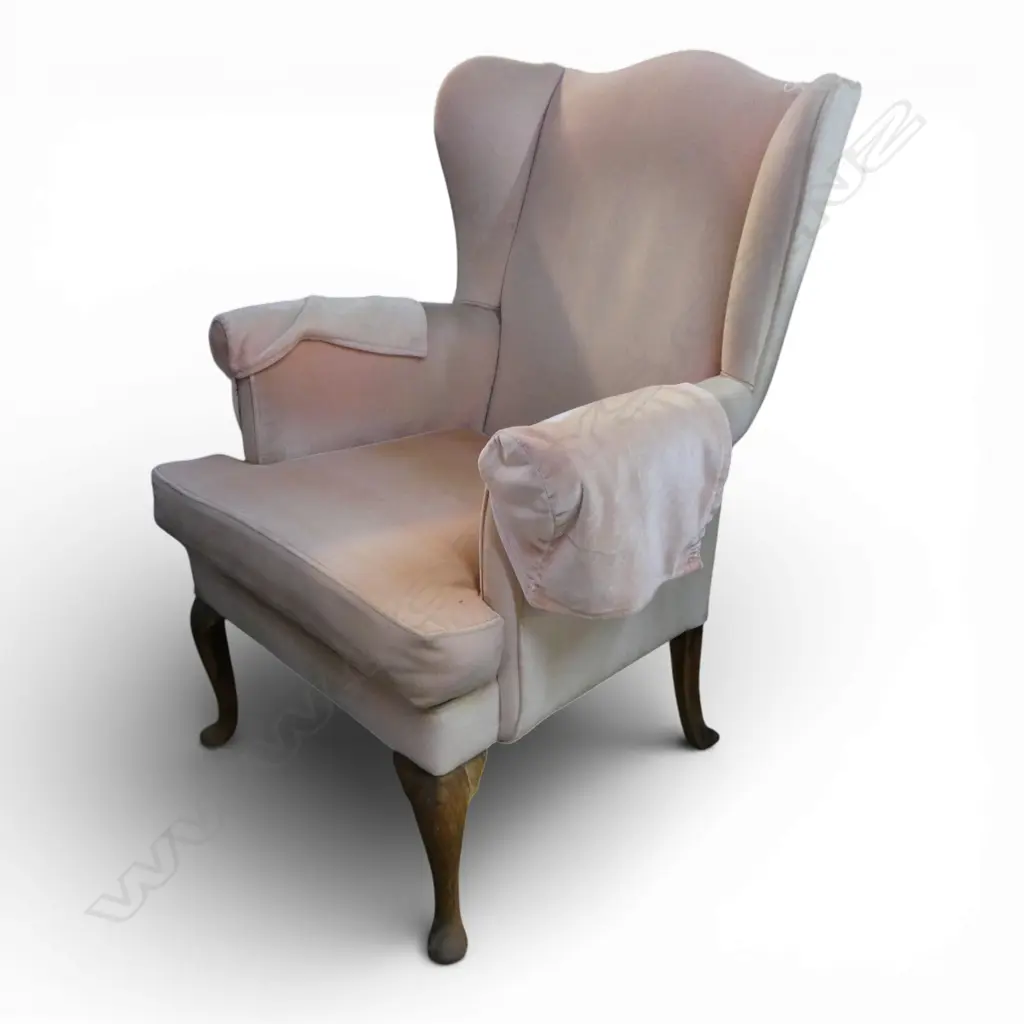 PINK UPHOLSTERED WINGBACK ARMCHAIR faded + some marks Image 1++