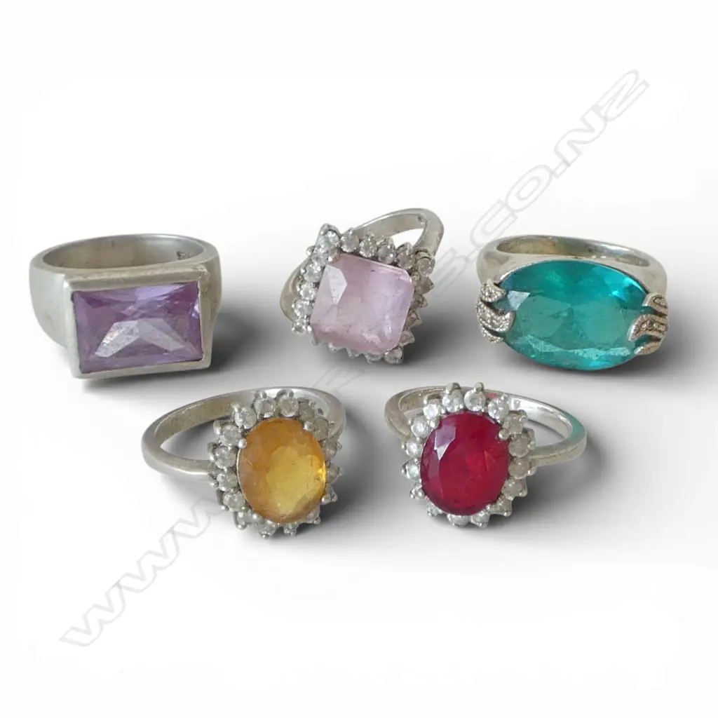5 VINTAGE SILVER gem set RINGS Image 1++