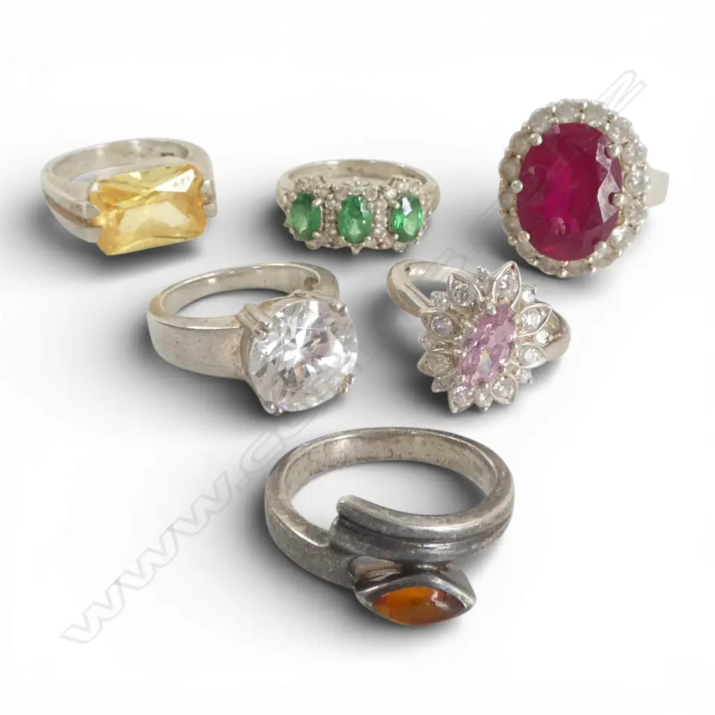 6 VINTAGE SILVER gem set RINGS Image 1++