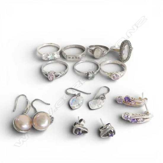 7 RING most silver + 4 PRS OF EARRINGS 