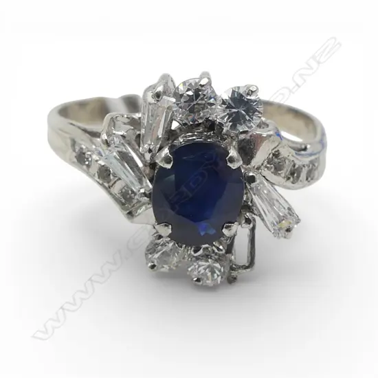 SILVER SAPPHIRE AND CUBIC ZIRCONIA RING SIZE R