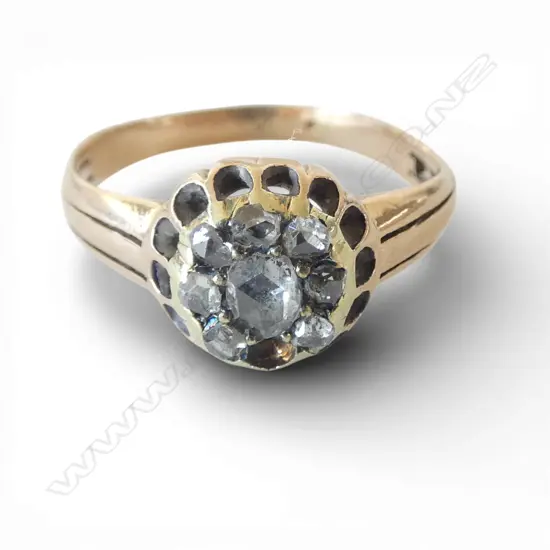 c1900 GOLD & OLD ROSE CUT DIAMOND CLUSTER RING size L (testing 14.3ct) 2.32gms one stone missing