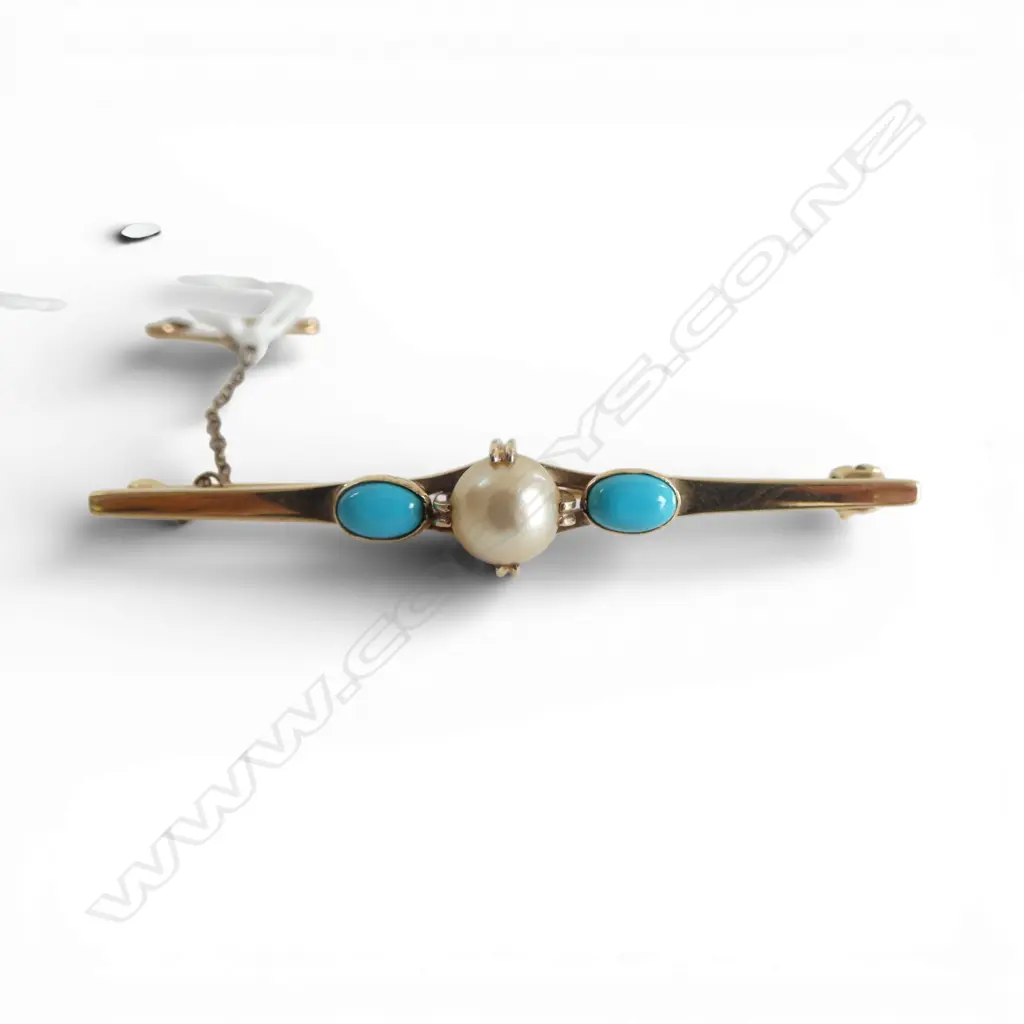 9ct GOLD PEARL & TURQUOISE BAR BROOCH 4.6gms Image 1++