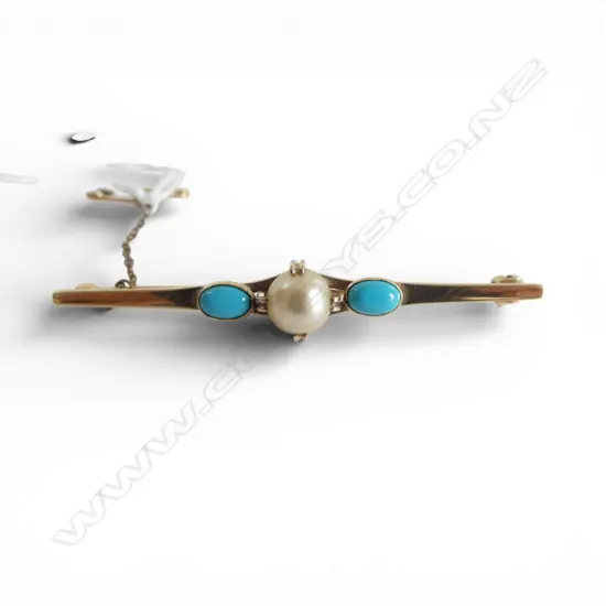 9ct GOLD PEARL & TURQUOISE BAR BROOCH 4.6gms