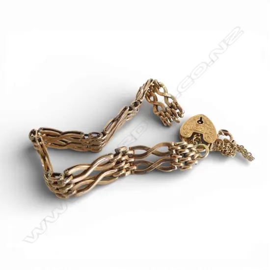 9ct BOXED GATE LINK BRACELET w heart padlock clasp, 8.80gm, needs small repair