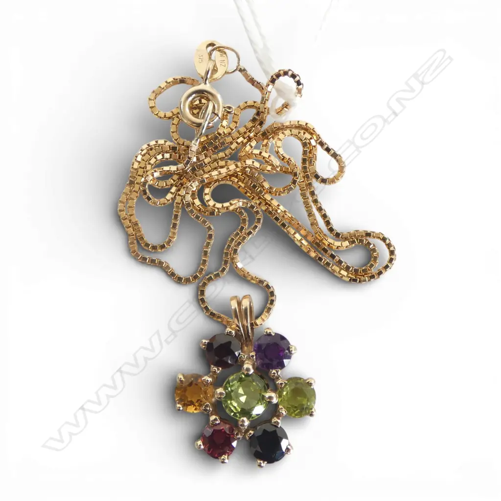 9ct GOLD multi stone amethyst, peridot,garnet & citrine PENDANT ON 9ct CHAIN 3.7gms 44cm Image 1++