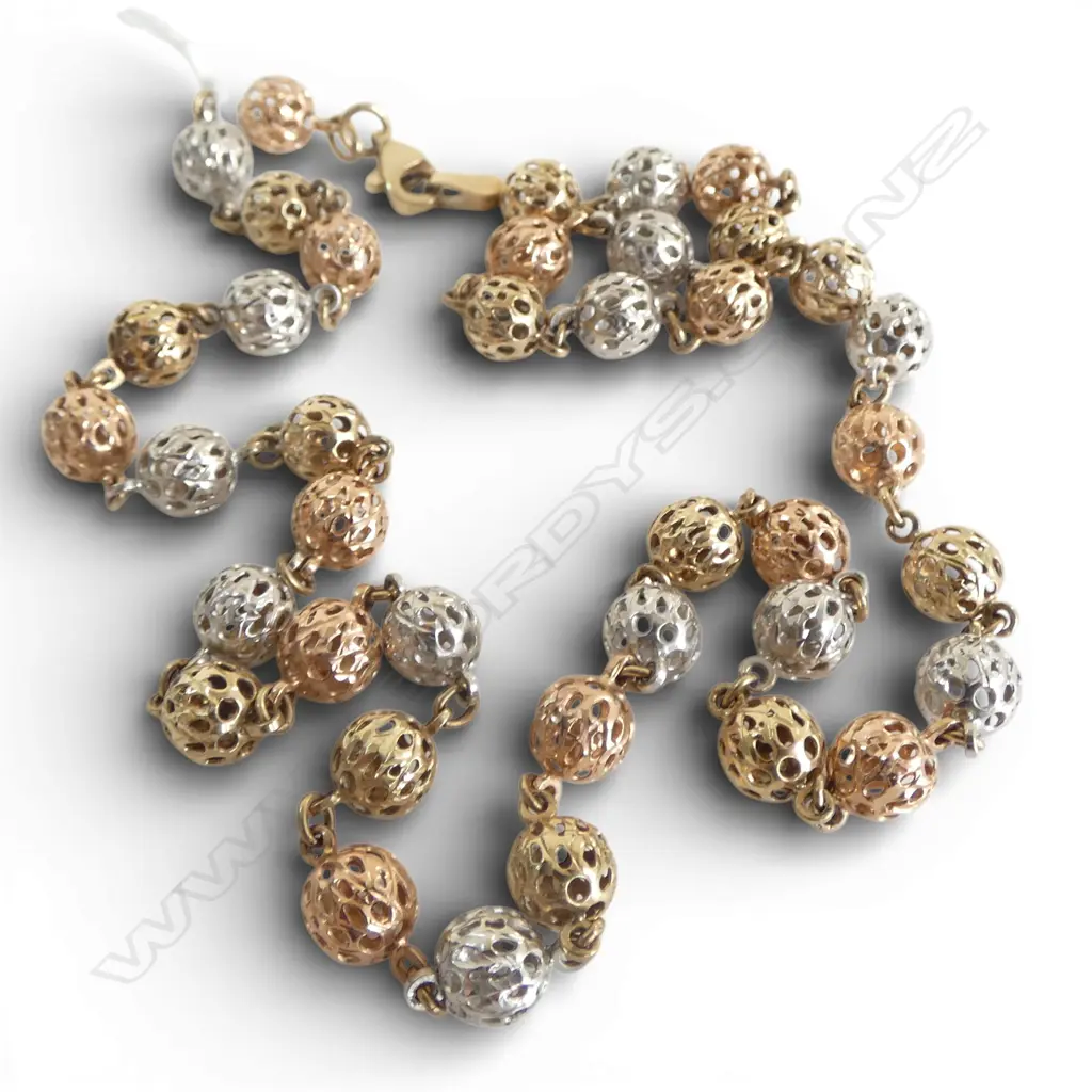 10ct WHT, ROSE & YELLOW GOLD BALL NECKLACE, 9.65gm 46CM LONG Image 1++