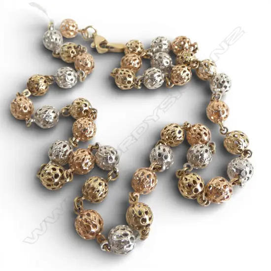 10ct WHT, ROSE & YELLOW GOLD BALL NECKLACE, 9.65gm 46CM LONG
