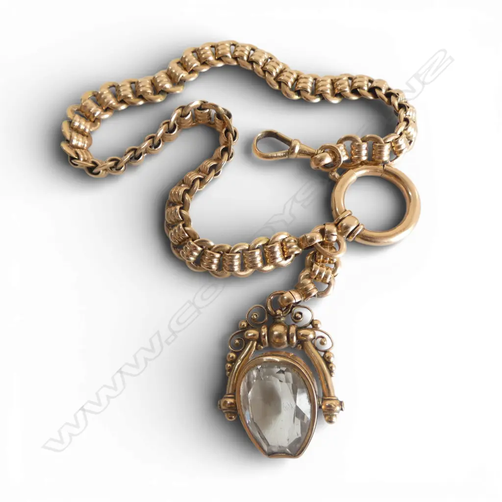 14ct GOLD FANCY LINK FOB CHAIN w 14ct GOLD gem set FOB SPINNER. 31gms 31CM Long Image 1++