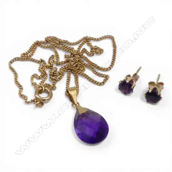 PAIR 9CT GOLD AMETHYST EARRINGS/AMETHYST PENDANT 9CT GOLD BALE WITH PLATED CHAIN 