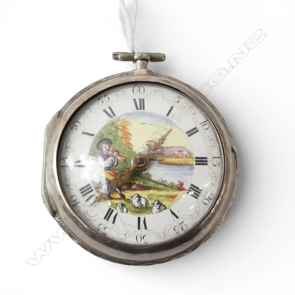 London 1793 SILVER PAIR CASED POCKET WATCH VERGE by Samson of London #20062 dial w painted scene. Hair cracks Image 1++