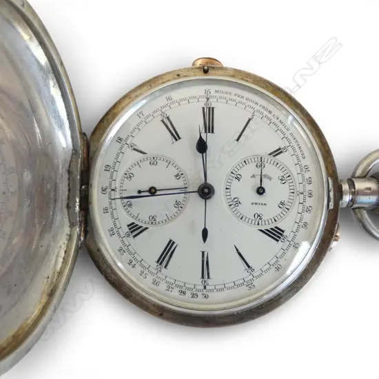 EARLY 20thC CONT. SILVER CHRONOGRAPH POCKET WATCH w 'miles per hour...' scale