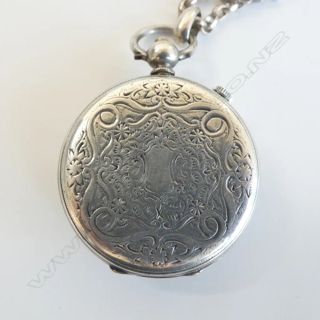 VICTORIAN SILVER open face POCKET WATCH converted winder to side. On long SILVER CHAIN Image 1++