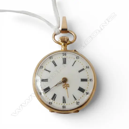 18ct GOLD LADIES open face FOB WATCH Dia.30mm. Dust cover also 18ct. 16gms incl. movt.