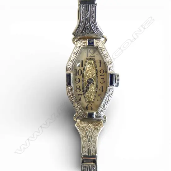 ART DECO WATCH case testing 14ct gold set w blue gems hinge faulty. Not going. Plated strap. NO DIAMONDS