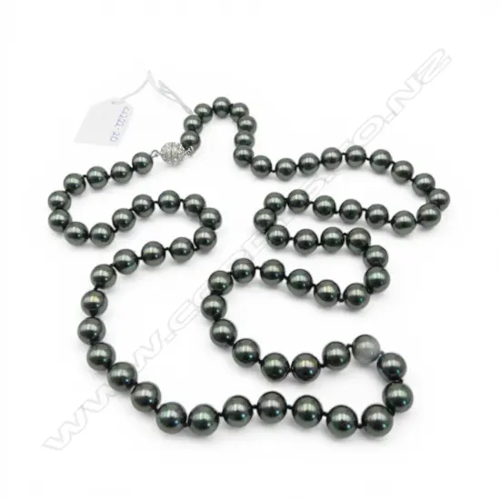 LONG STRAND NECKLACE OF COSTUME BLACK PEARLS DIAMANTE CLASP