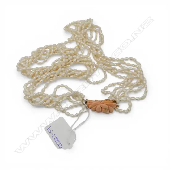 FRESH WATER PEARL MULTI-STRAND NECKLACE WITH CORAL CLASP