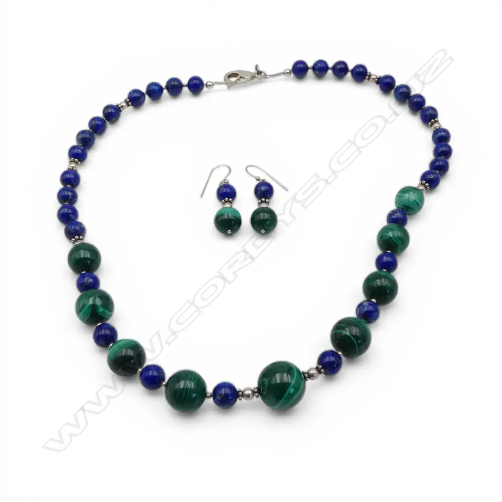 SILVER AND LAPIS AND MALACHITE BEAD NECKLACE AND EARRINGS Image 1++
