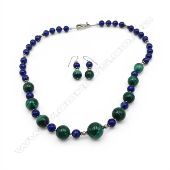 SILVER AND LAPIS AND MALACHITE BEAD NECKLACE AND EARRINGS