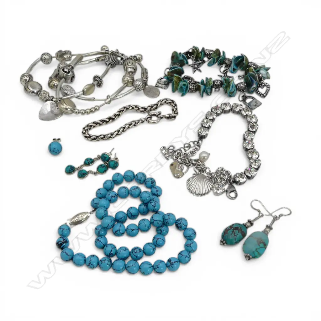 ASSTD SILVER BRACELETS & TURQUOISE BEAD NECKLACE AND EARRINGS Image 1++