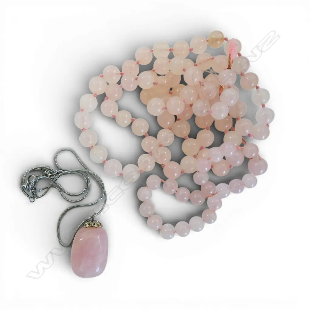 ROSE QUARTZ KNOTTED BEAD NECKLACE, BRACELET & BEAD PENDANT on chain    Image 1++