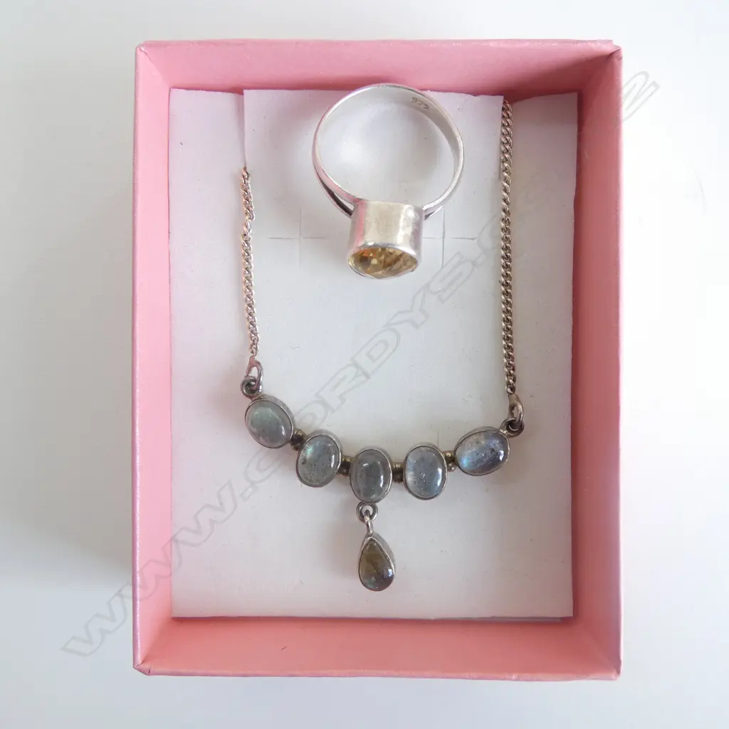 STG SILVER & CITRINE RING SIZE T 4.60gms + 6 STONE STG SILVER SET LABRADORITE PENDANT Image 1++