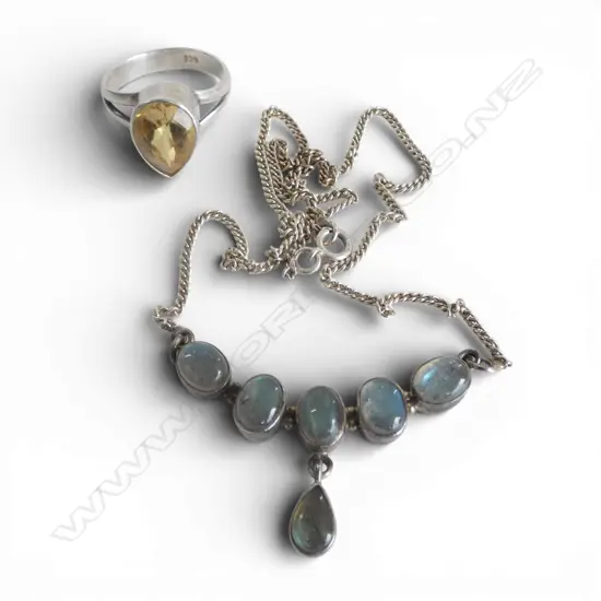 STG SILVER & CITRINE RING SIZE T 4.60gms + 6 STONE STG SILVER SET LABRADORITE PENDANT