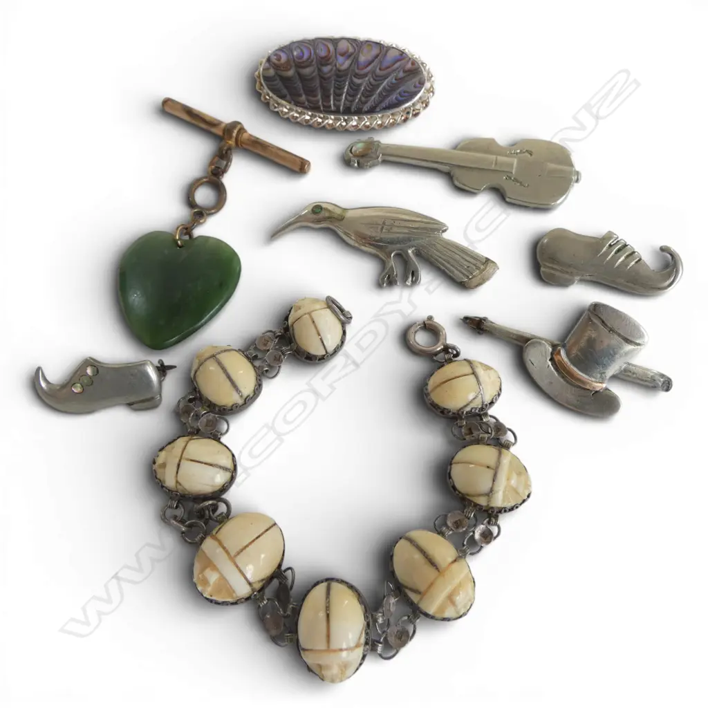 CARVED IVORY SCARAB BRACELET + SIL. & PAUA BROOCH + pounamu heart + 4 Vintage nickel homemade brooches Image 1++