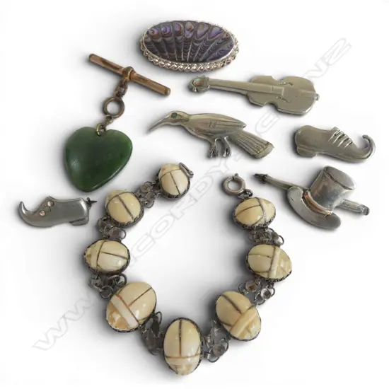 CARVED IVORY SCARAB BRACELET + SIL. & PAUA BROOCH + pounamu heart + 4 Vintage nickel homemade brooches