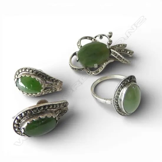 SUITE OF BROOCH RING & EARINGS S/SILVER MARQUISTE & NZ GREENSTONE JEWELLERY 19GMS