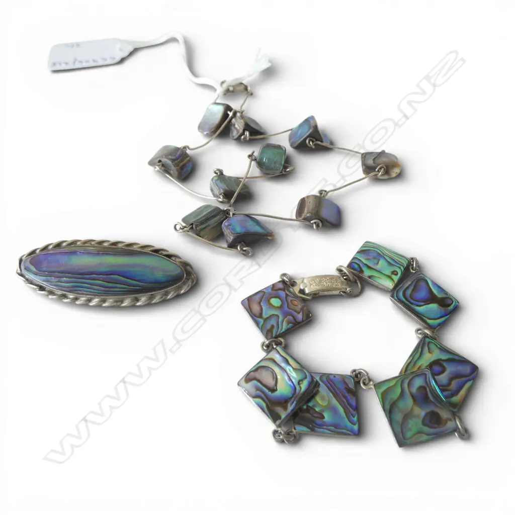 NZ PAUA S/SILVER NECKLACE BRACELET & BROOCH SET Image 1++