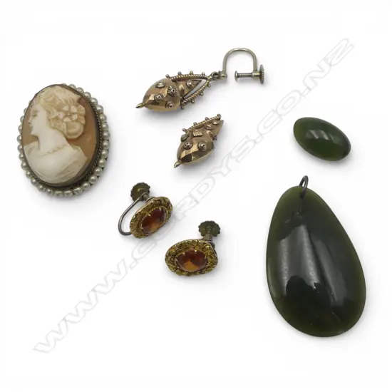 ASSTD COSTUME/GOLD PLATE/POUNAMU BROOCH/EARRINGS ETC (faulted)