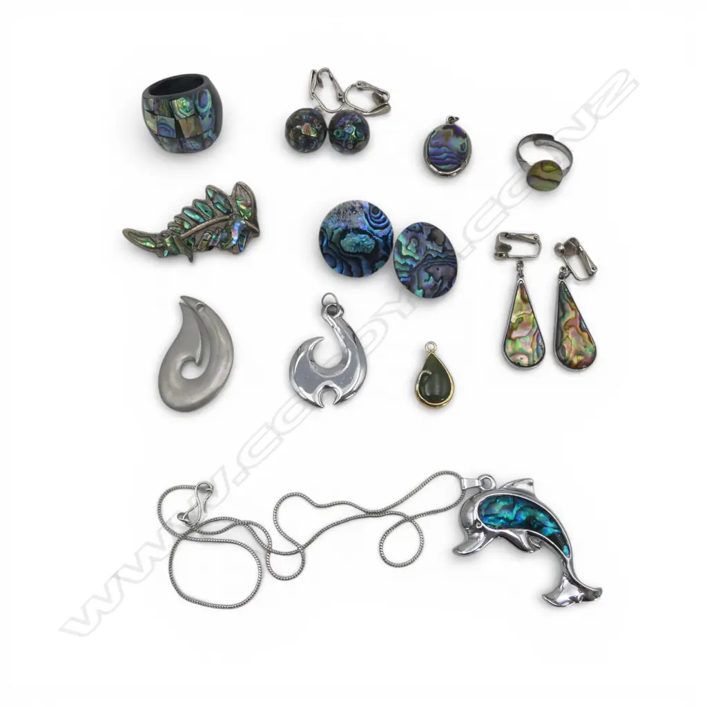 ASST. PAUA INLAID JEWELLERY + GILT METAL POUNAMU PENDANT  Image 1++