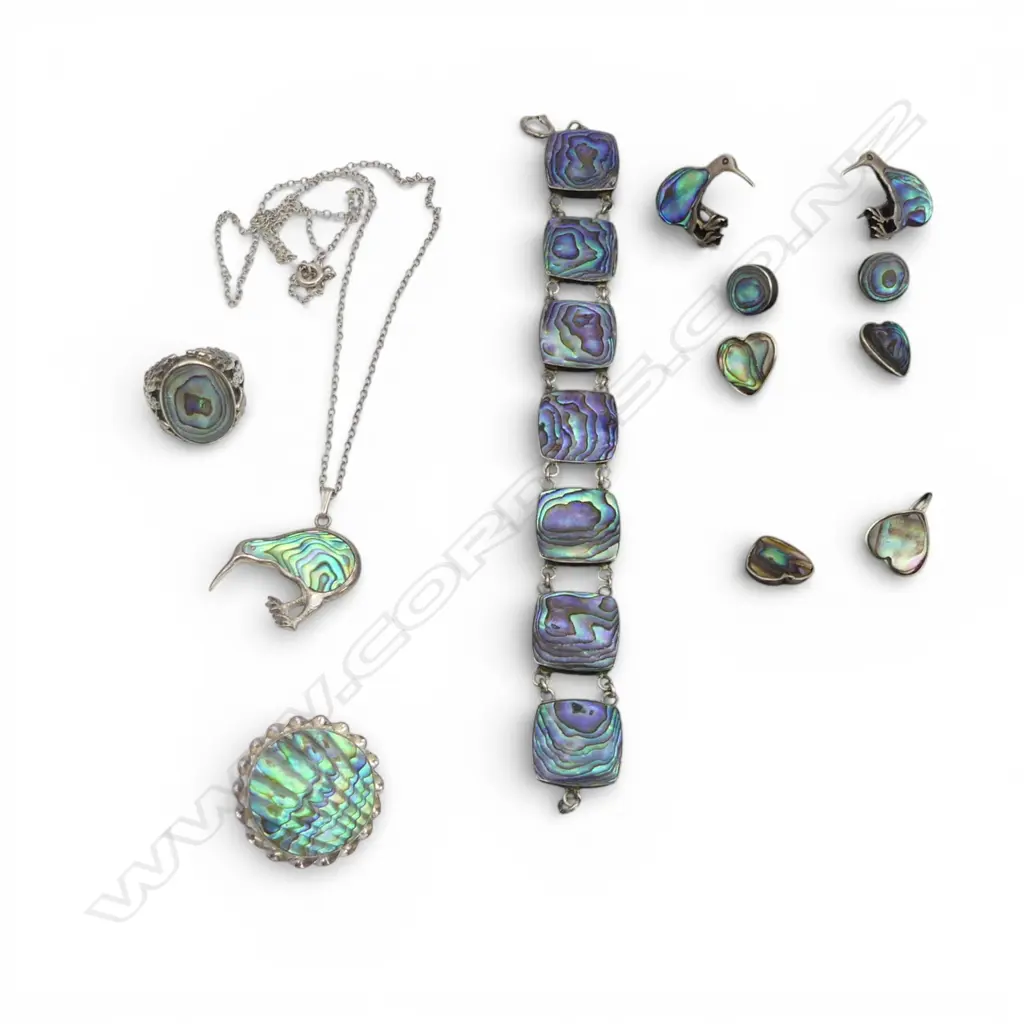 4 PRS STG SILVER & PAUA EARRINGS screw ons, RING + G.D Beatson BROOCH, PENDANT & BRACELET Image 1++