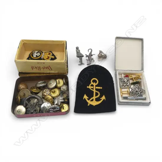 ASST. PINS, BADGES, BUTTONS, CUFFLINKS, SILVER BROOCHES, etc 