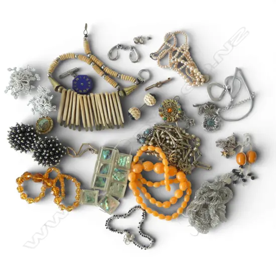 BAG of VINTAGE JEWELLERY amber style beads + necklaces etc