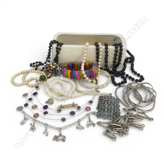 BAG of COSTUME JEWELLERY: mainly necklaces bracelets etc + Crown Lynn white trough vase