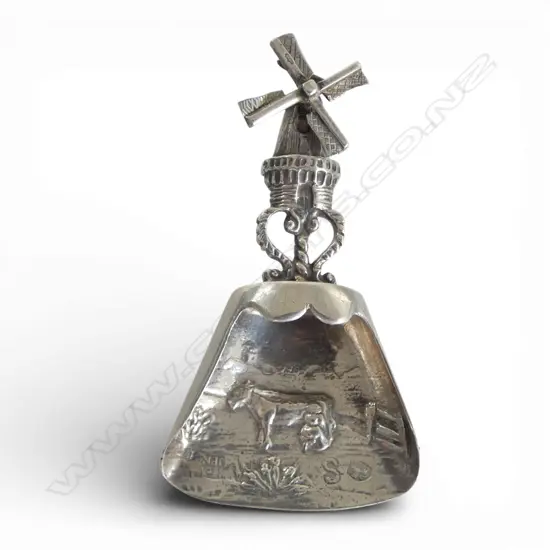 DUTCH SILVER TEA CADDY SCOOP farmyard scene embossed bowl, windmill form handle w. revolving blades 20gms