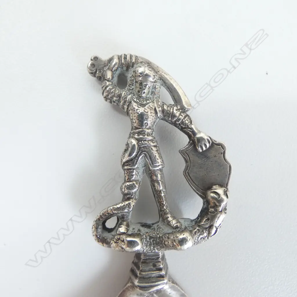 SCANDANAVIAN? STG SILVER KNIGHT & SERPENT TEA CADDY SPOON bowl engraved 1578, ENGLISH HALLMARKS w. 'F' IMPORT MARK 36gms Image 1++