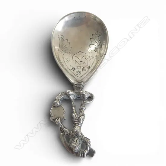 SCANDANAVIAN? STG SILVER KNIGHT & SERPENT TEA CADDY SPOON bowl engraved 1578, ENGLISH HALLMARKS w. 'F' IMPORT MARK 36gms