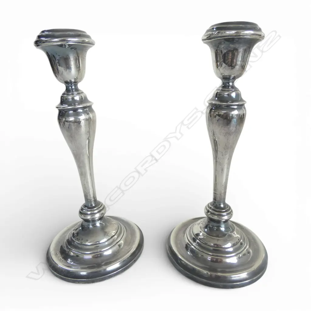 PR STG SILVER CANDLESTICKS, BIRM. 1915, 674gm H.210mm, weighted bottoms, faulted Image 1++