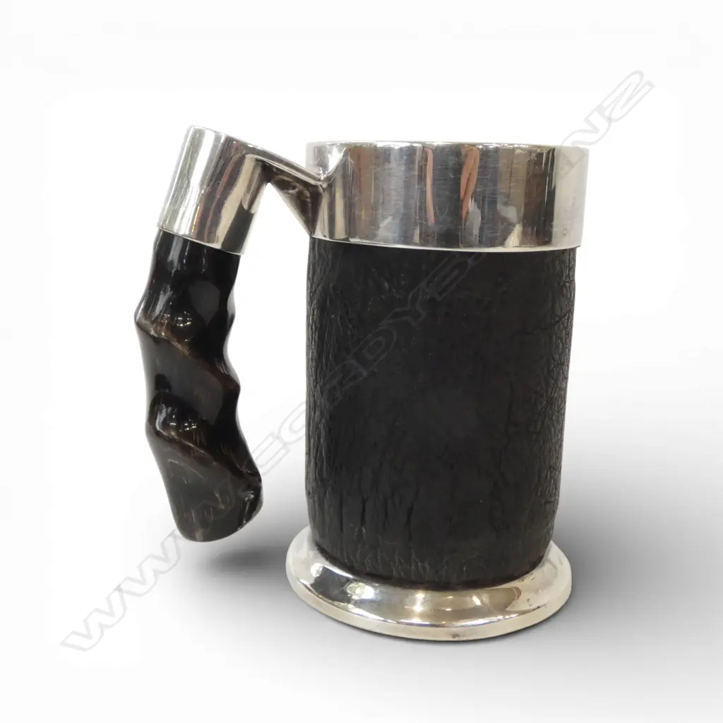 SILVER PLATE, ELEPHANT LEATHER & HORN HANDLE TANKARD Image 1++