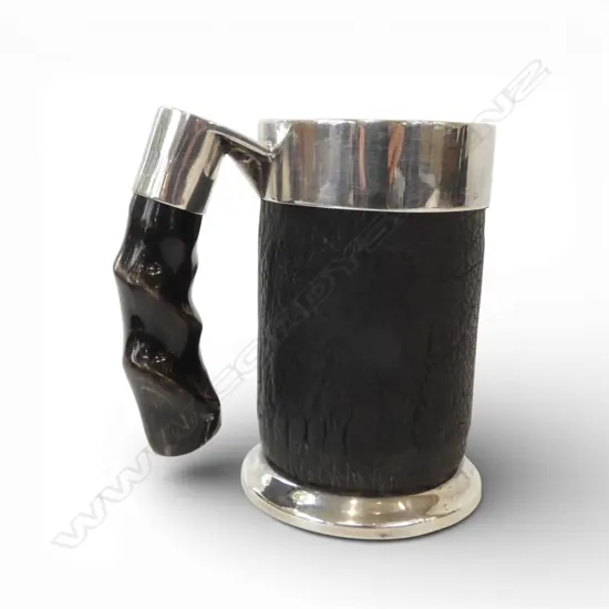 SILVER PLATE, ELEPHANT LEATHER & HORN HANDLE TANKARD