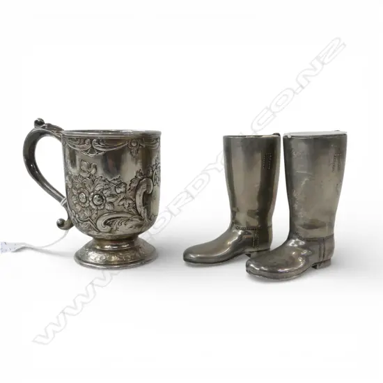 EARLY 20thC CAST SILVER PLATED MUG + pair of stirrup cup boots edge of lining to1 faulted