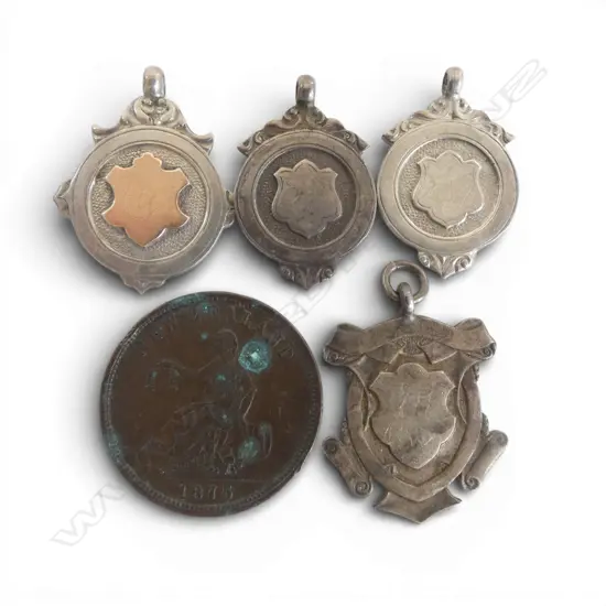 4 OLD SILVER FOB MEDALLIONS + 1875 NZ S. Clarkson token Chch