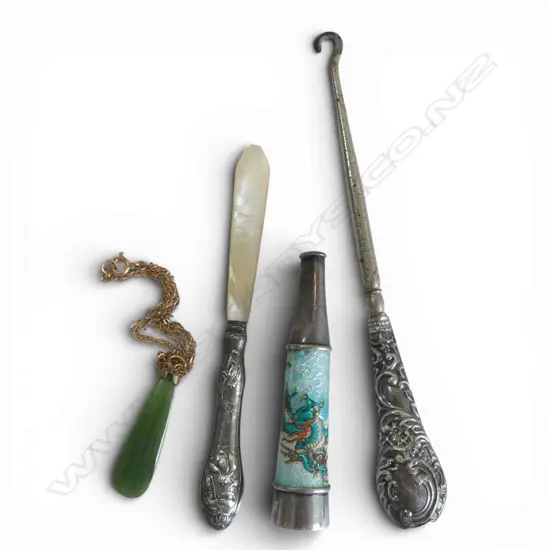 ASIAN SILVER & ENAMEL CIG. HOLDER, STG SILVER BOOT LACER & BUTTER KNIFE & POUNAMU PENDANT