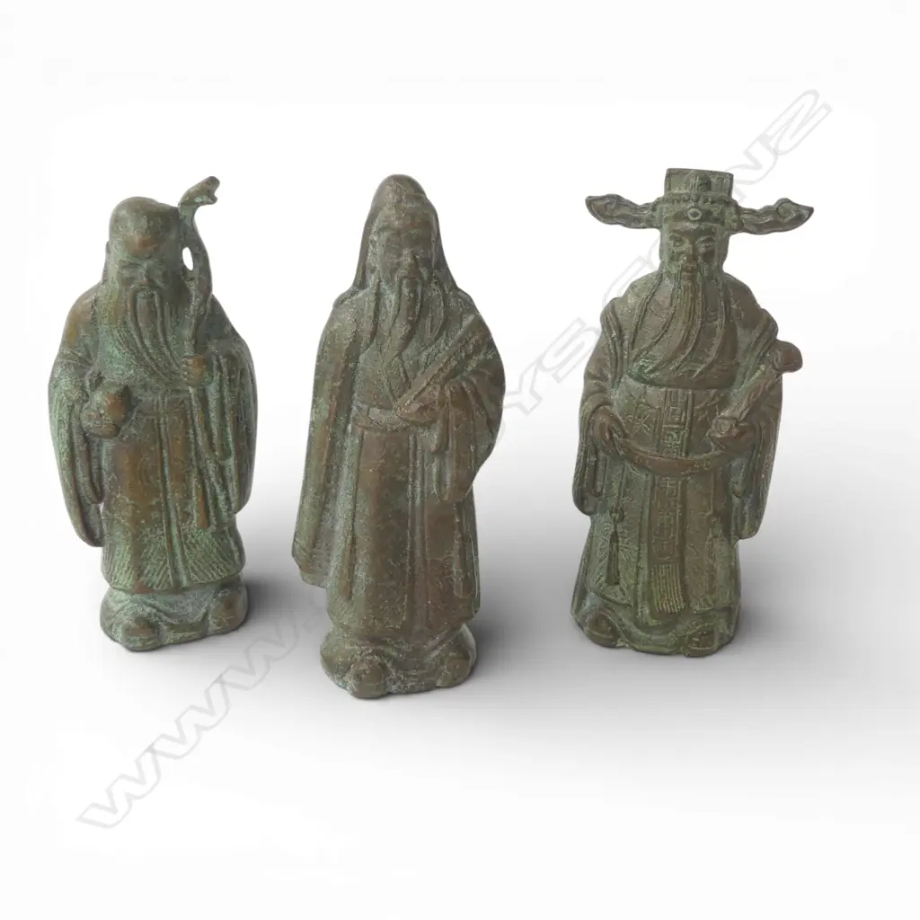VINTAGE CHINESE BRONZE SET OF THE 3 STELLAR DEITIES, FU XING LU XING AND SHOU XING TALLEST H.95mm Image 1++